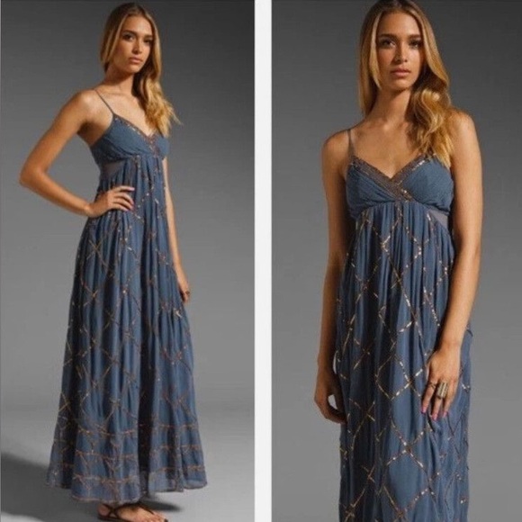 Free People Smoke and Mirrors Full Length Maxi Dress Dusty Blue Metallic Size 6 - Picture 1 of 16